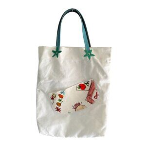 Valenti Canvas Tote Bag Colorful Art Patch Pocket & Teal Flower Handles White